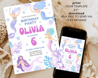 Mermaid Birthday Invitation Template Editable Canva Custom Name Birthday Invite Modern Kids Party Printable Instant Download