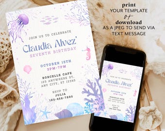 Mermaid Birthday Invitation Editable Canva Under the Sea Birthday Invite Girls Party Template Printable Instant Download