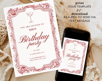 Vintage Birthday Invitation Template Editable Canva Elegant Red Party Invite Luxury Birthday Card Printable Instant Download