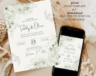 Botanical Wedding Invitation Template Editable Canva Greenery Wedding Invite Minimal Line Art Floral Printable Invitation Instant Download