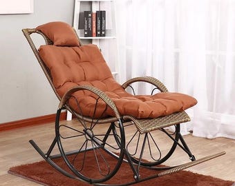 Wicker Rocking Lounge Chair, Indoor Outdoor Recliner Chair, Modern Rattan Rocking Chair with Footrest, Relaxing Patio or Living Room Chair