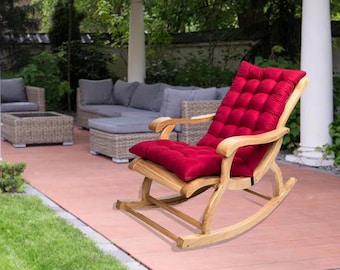 Wooden Rocking Chair with Cushion, Indoor Outdoor Rocker Chair, Solid Wood Lounge Chair with Thick Seat Pad, Patio Balcony Relax Chair
