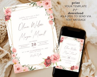 Editable Wedding Invitation Template Floral Wedding Invite Canva Template Elegant Gold Frame Printable Wedding Card Instant Download