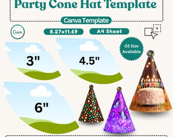 Party Cone Hat Canva Template, Editable Birthday Cone Hat Template, Printable Party Hat Design, DIY Cone Hat Bundle