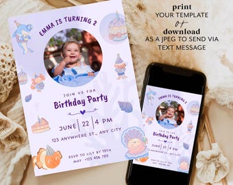 Photo Birthday Invitation Editable Canva Kids Birthday Invite Template Baby Girl Birthday Party Invitation Printable Instant Download