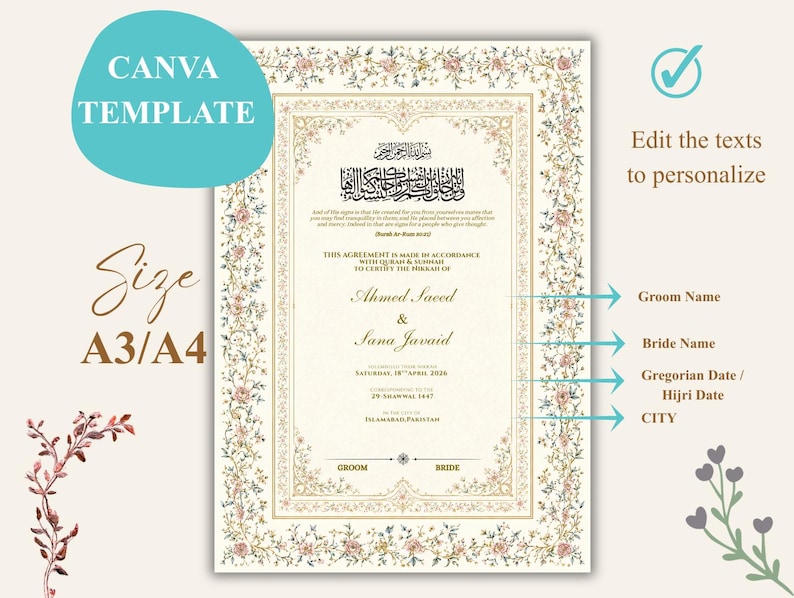 Editable Islamic wedding certificate featuring floral artwork, decorative border, Quranic verse, and personalized Nikah contract template.