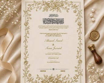 Editable Nikah Certificate Template | Gold Rose Nikah Nama Canva | Islamic Marriage Contract | Muslim Wedding Printable Digital Download