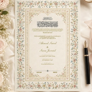 Editable Digital Nikkah Certificate Canva template featuring elegant floral borders, Islamic arch design, and gold detailing for Muslim weddings.