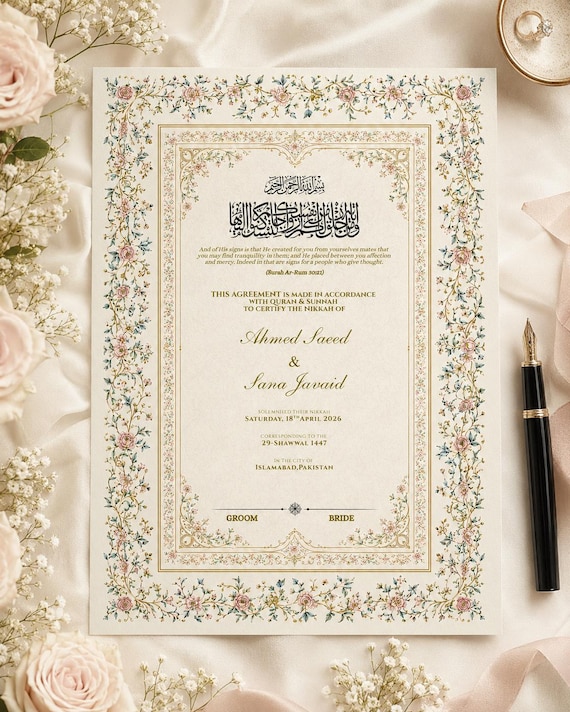 Editable Digital Nikkah Certificate Canva Template | Floral Islamic Marriage Certificate | Nikah Nama Printable | Muslim Wedding Contract