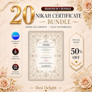 Puede incluir: Un paquete digital de 20 diseños de certificado de Nikah con caligrafía árabe y bordes florales. El gráfico incluye el texto 20 DESIGNS IN 1 BUNDLE, NIKAH CERTIFICATE BUNDLE, ARABIC CALLIGRAPHY, FULLY CUSTOMIZABLE, EDITABLE IN CANVA y 50% OFF.