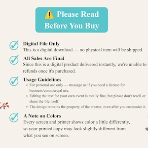 May include: An informational graphic with a light background featuring a teal header that reads Please Read Before You Buy. It lists digital file policies, final sale terms, usage guidelines for personal use, and a note on color variations.