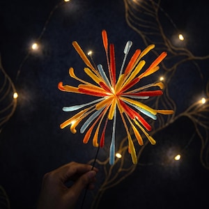 Può includere: Decorazione artigianale a forma di fuoco d'artificio dai colori vivaci. Il centro è un mix di arancione, giallo e rosso, con fili radianti in tonalità simili e azzurro. Su sfondo scuro, con luci.