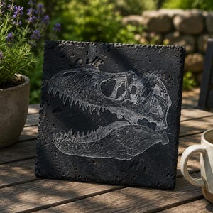 Tyrannosaurus rex skull on limestone tile 8"x8"
