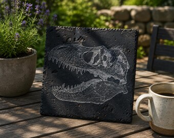 Tyrannosaurus rex skull on limestone tile 8"x8"
