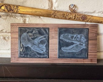 T-Rex and Triceratops Ceramic Tiles - Hand Framed in Walnut