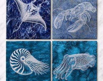 Ocean Animal Ceramic Tiles with Wooden Stand
