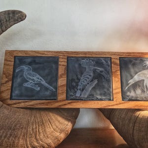 May include: A rectangular wooden frame containing three square dark gray tiles, each featuring a white etched illustration of a different bird. The left tile shows a hornbill, the center tile depicts a hoopoe, and the right tile displays a secretary bird.
