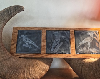 3 African Bird Tiles - Framed in Stained Oak