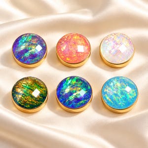 Iridescent Flake Button Covers, Gold Tone Round Cuff Jewelry, Colorful No Sew Shirt and Blouse Accessories, 6 Styles
