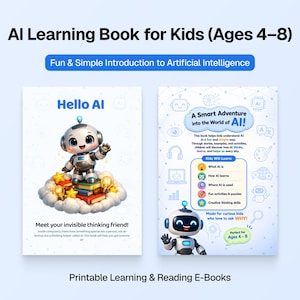 Puede incluir: Libro de aprendizaje de IA para niños de 4 a 8 años. La portada presenta un robot de dibujos animados sobre una nube con el texto "Hello AI". El título del libro es "Fun & Simple Introduction to Artificial Intelligence". Es un libro electrónico imprimible.
