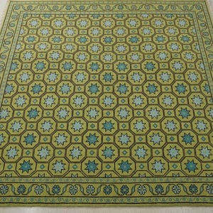 Olive Green Geometric Wool Rug Hand Knotted, Turkish Anatolian Star Pattern Area Rug, Custom Size Living Room