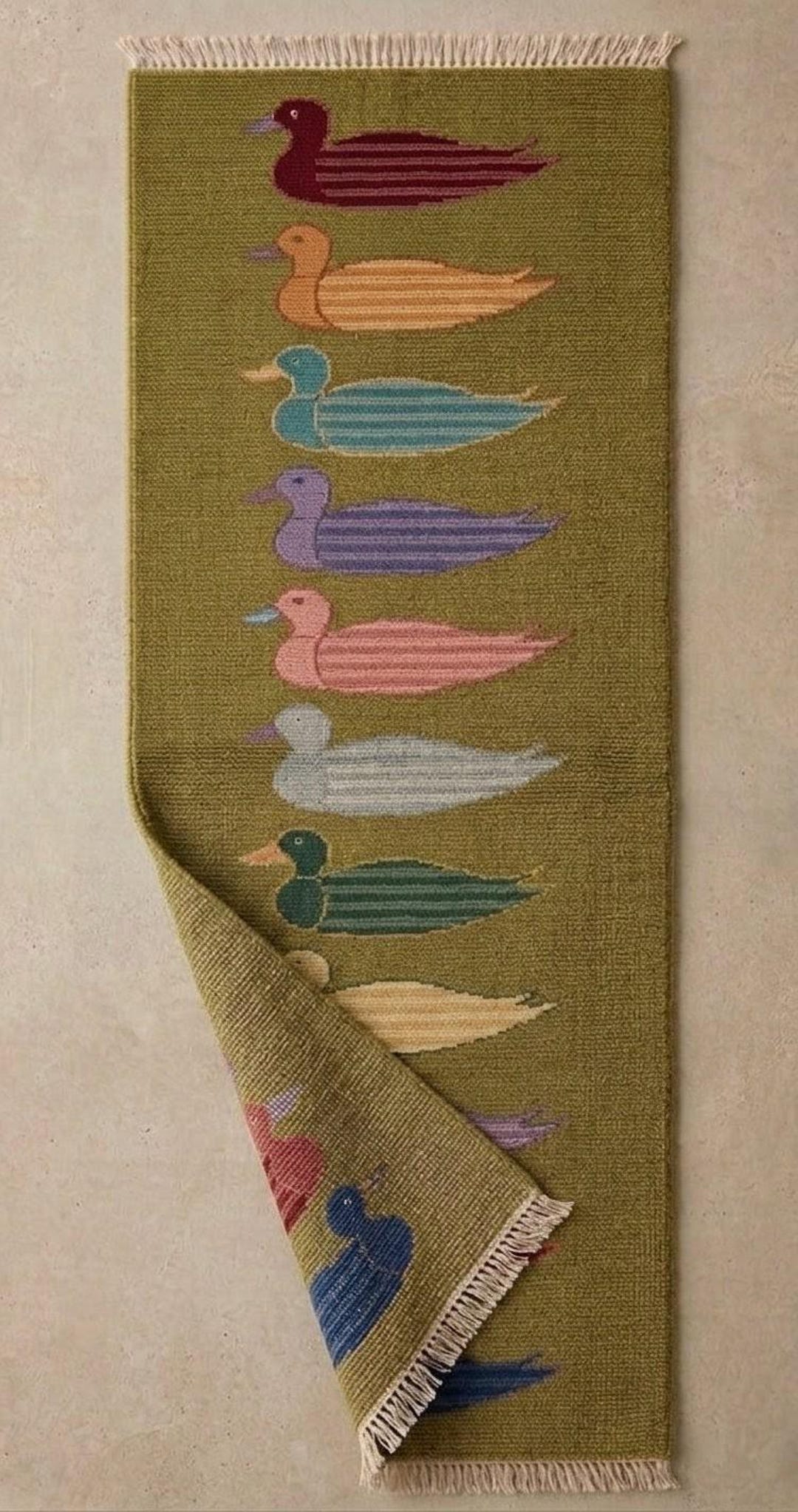 Pink Duck Rug Colorful Duck Runner Rug - Hand Knotted Wool Bird Carpet - Mid Century ...
