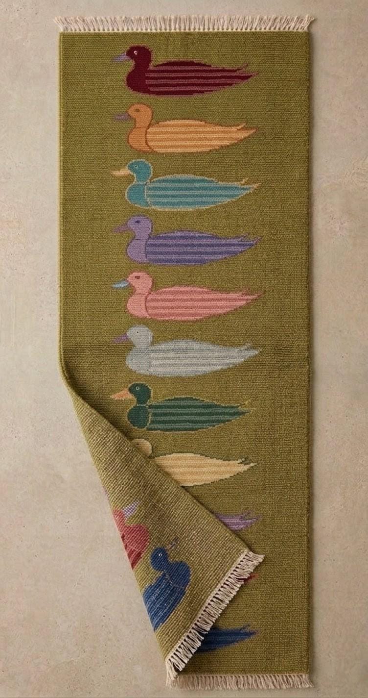 Colorful Duck Runner Rug - Hand Knotted Wool Bird Carpet - Mid Century ...
