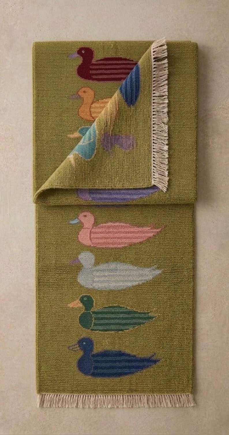 Pink Duck Rug Colorful Duck Runner Rug - Hand Knotted Wool Bird Carpet - Mid Century ...