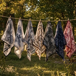 7 PCS Handmade Cotton Linen Neck Scarves Set, 27.6 Inch Square Scarf Bundle, Hair Scarf, Head Scarf, Neckerchief Gift