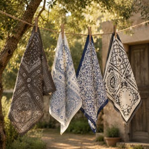 May include: Four square fabric bandanas hanging on a clothesline. The first is dark brown with a white paisley pattern. The second is white with a blue paisley and floral design. The third is white with a blue rose print. The fourth is white with a black geometric and floral border.