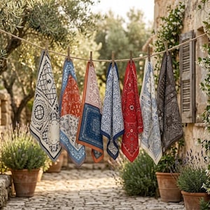 Könnte beinhalten: Sieben gemusterte Bandanas hängen an einer Wäscheleine, befestigt mit Holzklammern. Die Bandanas zeigen eine Vielzahl von Farben und Mustern, darunter Paisley- und geometrische Designs. Der Hintergrund ist eine verschwommene Szene im Freien.