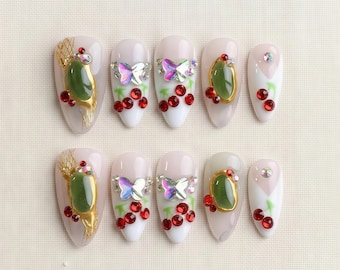 Uñas postizas 3D con mariposas, pedrería de cereza, uñas postizas Fairycore, arte floral de piedra verde, uñas postizas personalizadas Y2K Kawaii.