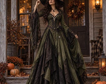 Gothic Forest Witch Dress, Green Halloween Costume Women, Medieval Renaissance Fairycore Dress, Corset Bell Sleeve Maxi Gown Plus Size