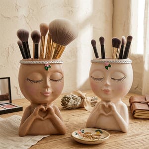 Cute Face Makeup Brush Holder Set, Boho Goddess Vanity Decor, Head Planter Vase, Spa Gift for Her, Heart Hand Statue, Aesthetic Room Decor