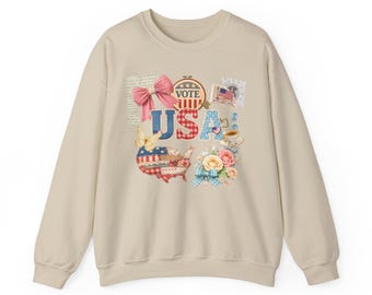 USA Collage Vote Patriotic Crewneck Sweatshirt | American Flag Floral