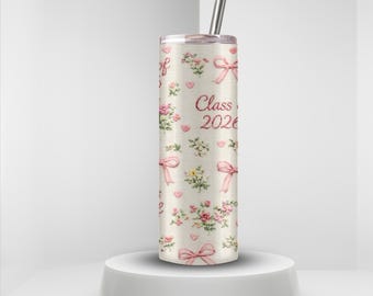 Class of 2026 Graduation Embroidered Coquette Floral Tumbler | 20oz Stainless Steel