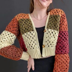Crochet Patchwork Cardigan, Boho Granny Square Sweater, Earth Tone Knit Jacket