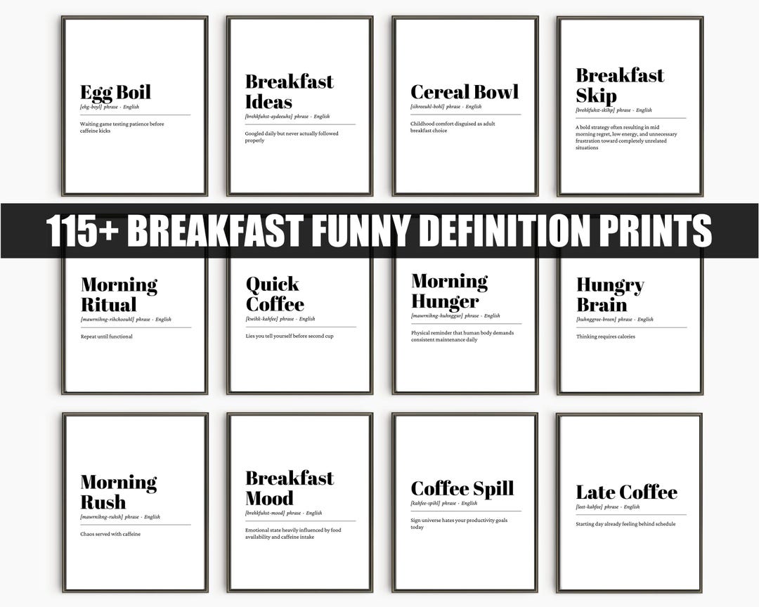 Breakfast Funny Definition Prints Bundle, Coffee Lover Kitchen Wall Art ...