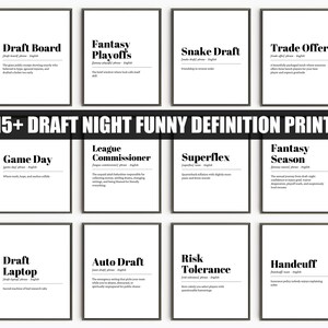 May include: A collection of twelve framed wall art prints featuring black text on white backgrounds. Each print displays a humorous dictionary-style definition related to fantasy sports, including terms like Draft Board, Snake Draft, and Trade Offer.