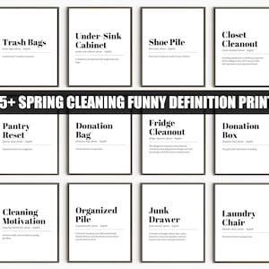 Puede incluir: Una colección de doce láminas decorativas enmarcadas con definiciones humorísticas estilo diccionario sobre la limpieza de primavera, con texto negro sobre fondo blanco, incluyendo frases como Trash Bags, Shoe Pile y Pantry Reset.