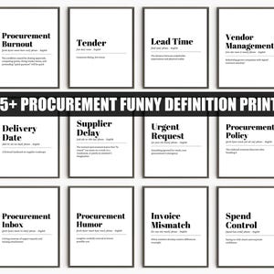 May include: A collection of framed prints with black text on a white background. Each print features a procurement-related term and its definition. The prints are labeled with terms such as "Procurement Burnout", "Tender", and "Lead Time". The banner reads "115+ PROCUREMENT FUNNY DEFINITION PRINTS".