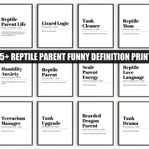Könnte beinhalten: Eine Sammlung gerahmter Kunstdrucke mit schwarzen Rahmen und weißen Hintergründen. Jeder Druck enthält eine humorvolle Definition zum Thema Reptilienhaltung, wie "Reptile Parent Life" und "Lizard Logic". Der Text "115+ REPTILE PARENT FUNNY DEFINITION PRINTS" ist zu sehen.