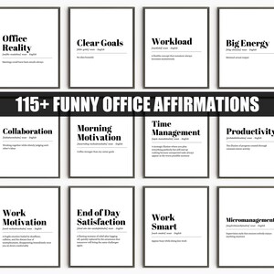 May include: A collection of framed art prints with black frames and white backgrounds. Each print features a humorous office-related word with a definition. The prints include words like "Office Reality" and "Clear Goals". The phrase "115+ FUNNY OFFICE AFFIRMATIONS" is displayed.