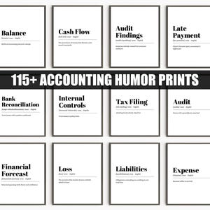 Può includere: Una collezione di stampe incorniciate con termini e definizioni contabili. Le stampe sono in bianco e nero, con le parole "Balance", "Cash Flow" e "Audit Findings" visibili. Il testo "115+ ACCOUNTING HUMOR PRINTS" è visualizzato al centro.