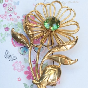 Large Green Glass Flower Brooch, 1940s Modernist Vintage Jewellery