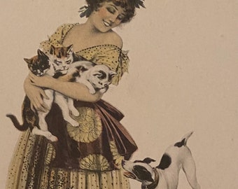 Art Deco Artist Illustrated Postcard, Jan Marco // Jack Russell Playing with an Armful of Naughty Kittens // Unwritten