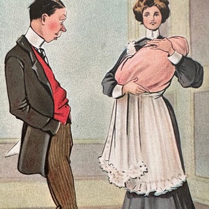Carte postale d'anniversaire ancienne, humoristique Naissance d'une petite fille des années 1900, imprimée en Saxe, Allemagne