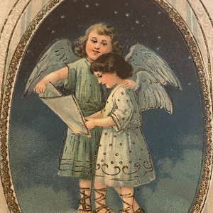 Cartolina di Natale con angeli che cantano, cartolina antica Art Déco