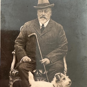 Re Edoardo VII con il suo cane Cesare, foto reale, cartolina antica, affrancata 1910