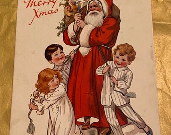アンティーク 1919 クリスマス ポストカード - サンタからのキス
